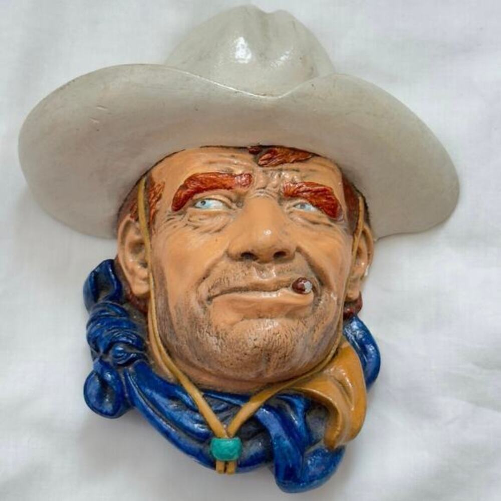 Vintage Bossons Hand Painted Chalk Ware Cowboy Wall Chalkware Head 1967 Rawhide